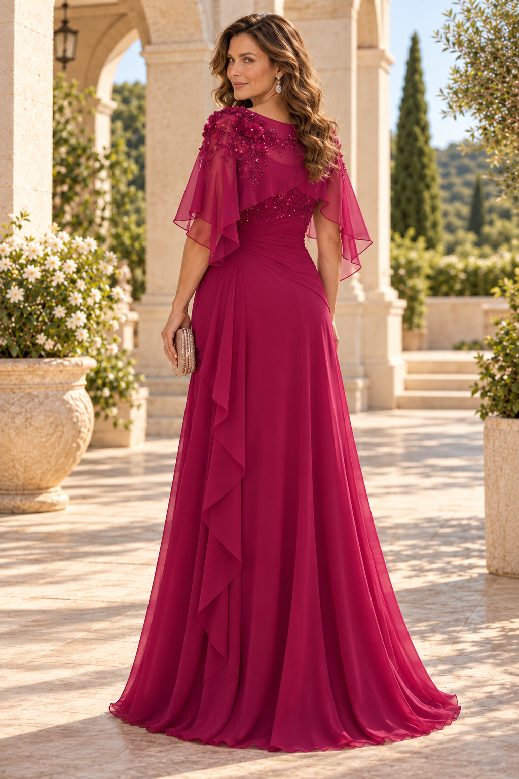 A-Line Capelet Evening Gown with Beaded Florals