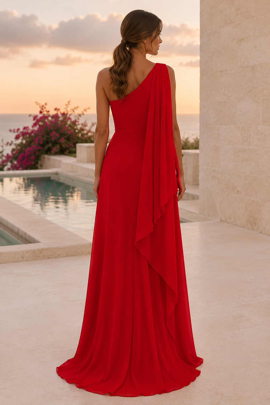 Vestido largo de gasa con un hombro y panel de cascada drapeado