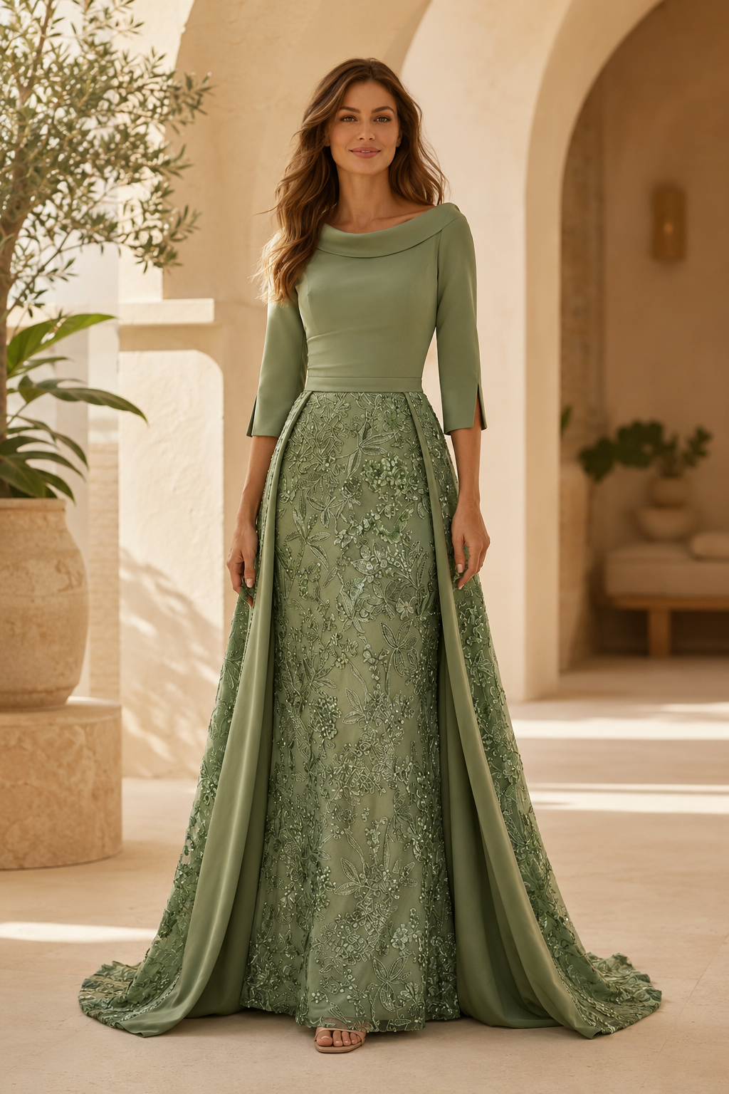 Vestido de corte A con escote tipo barco y sobrefalda de encaje