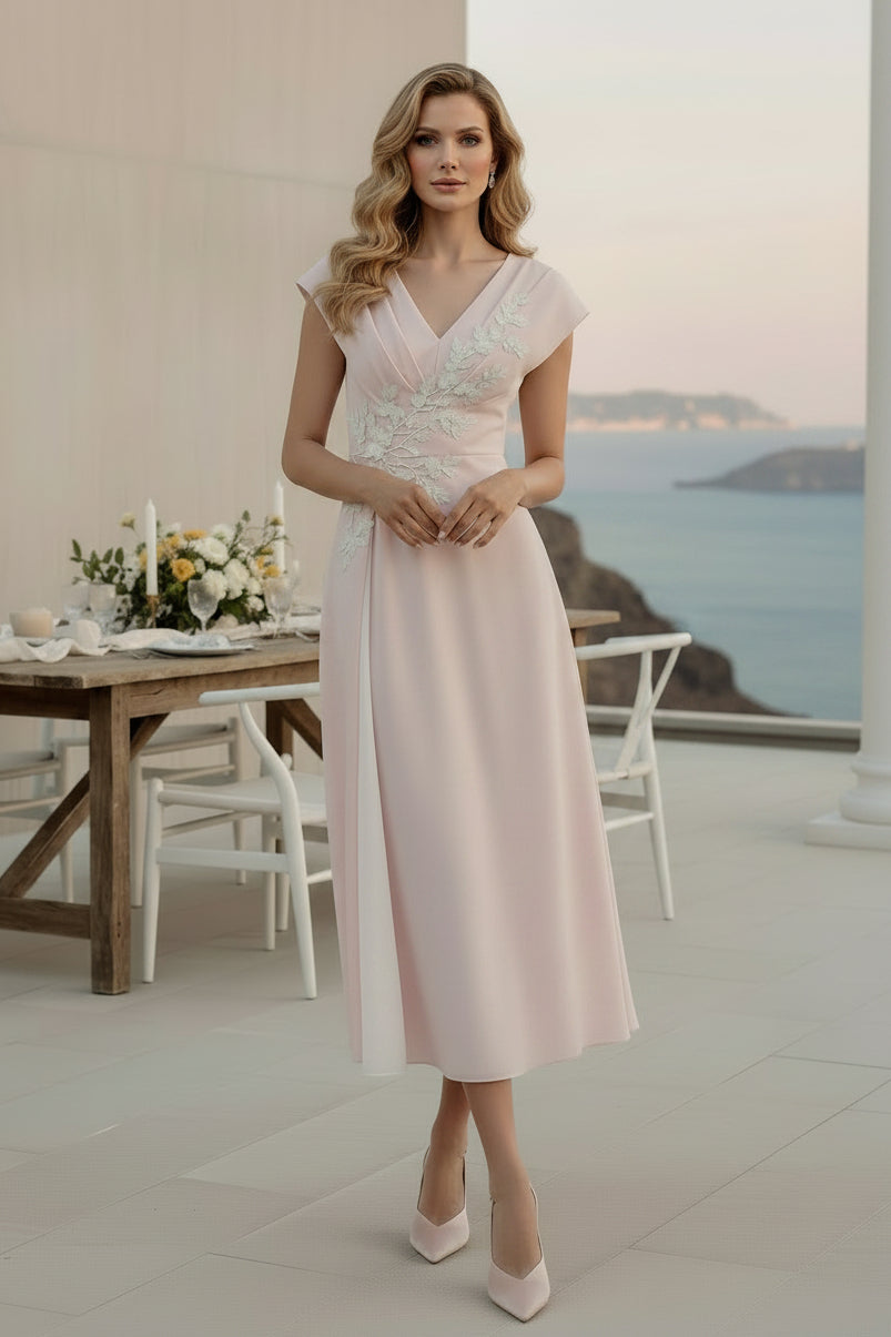 Vestido Midi con Aplicaciones, Escote en V y Manga Casquillo