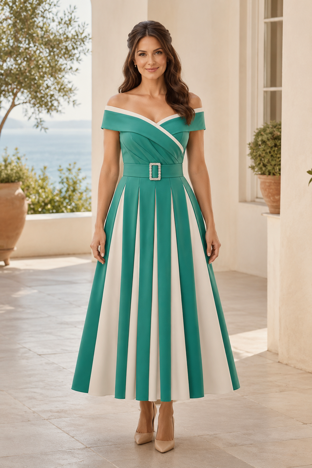 Vestido de Noche A-Line Bicolor con Hombros Descubiertos y Cinturón de Pedrería