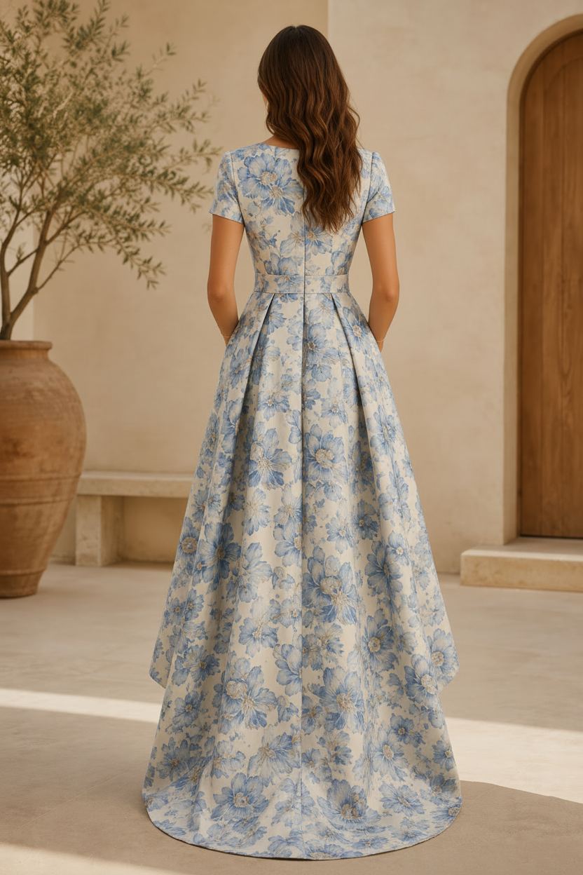 Vestido de noche acampanado floral con dobladillo asimétrico y flores 3D