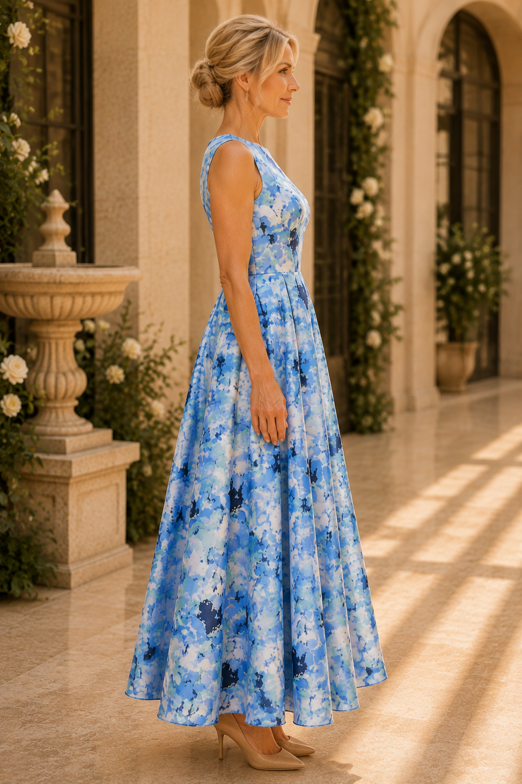 Vestido plisado sin mangas con cuello tipo barco y estampado floral
