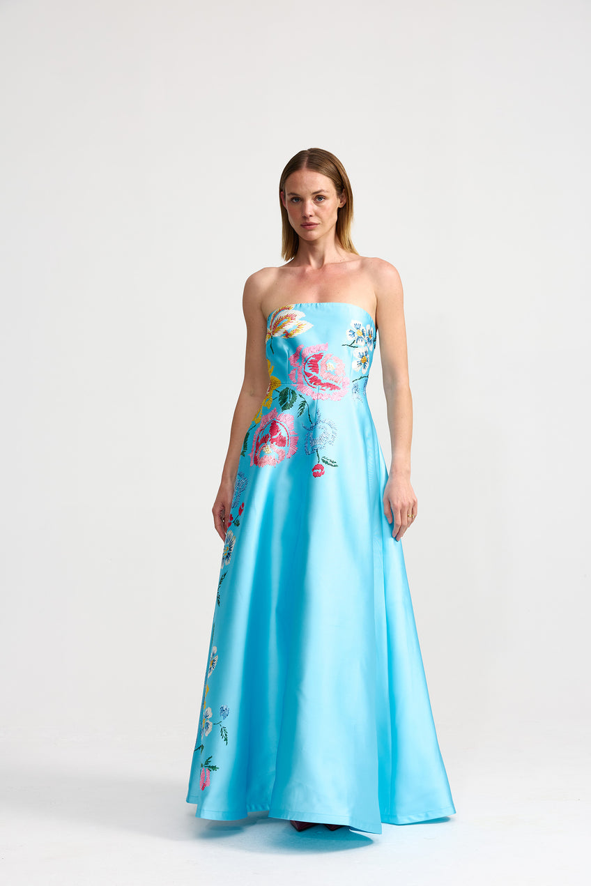 Vestido de Noche A-Line de Satén sin Tirantes con Estampado Floral