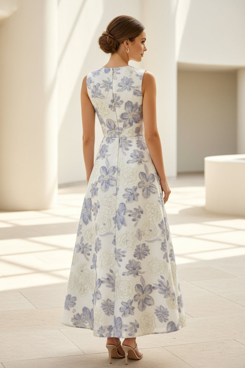Vestido sin mangas con estampado jacquard floral y corte A hasta el tobillo