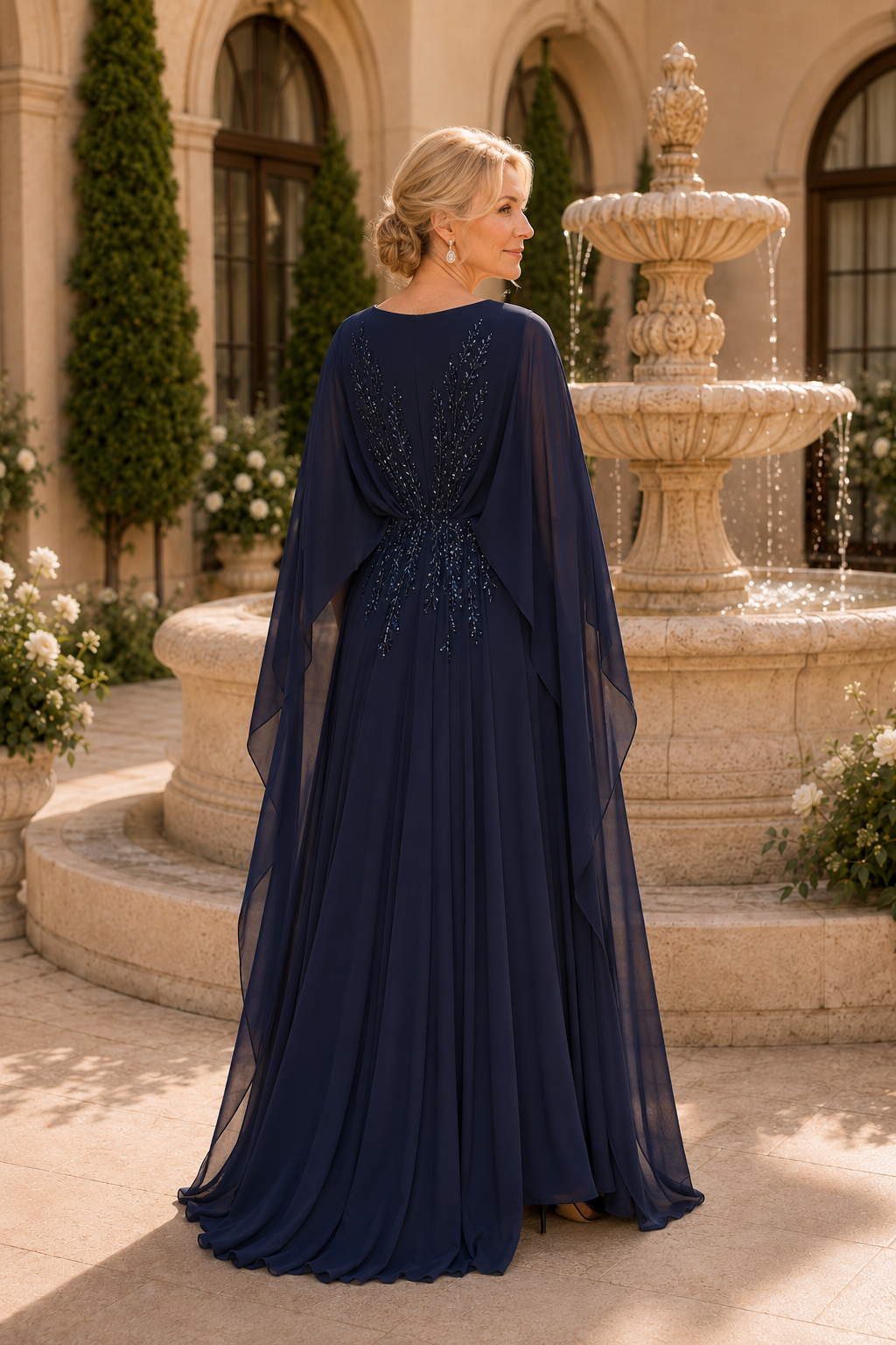 Vestido largo de gasa con manga de capa y cuentas