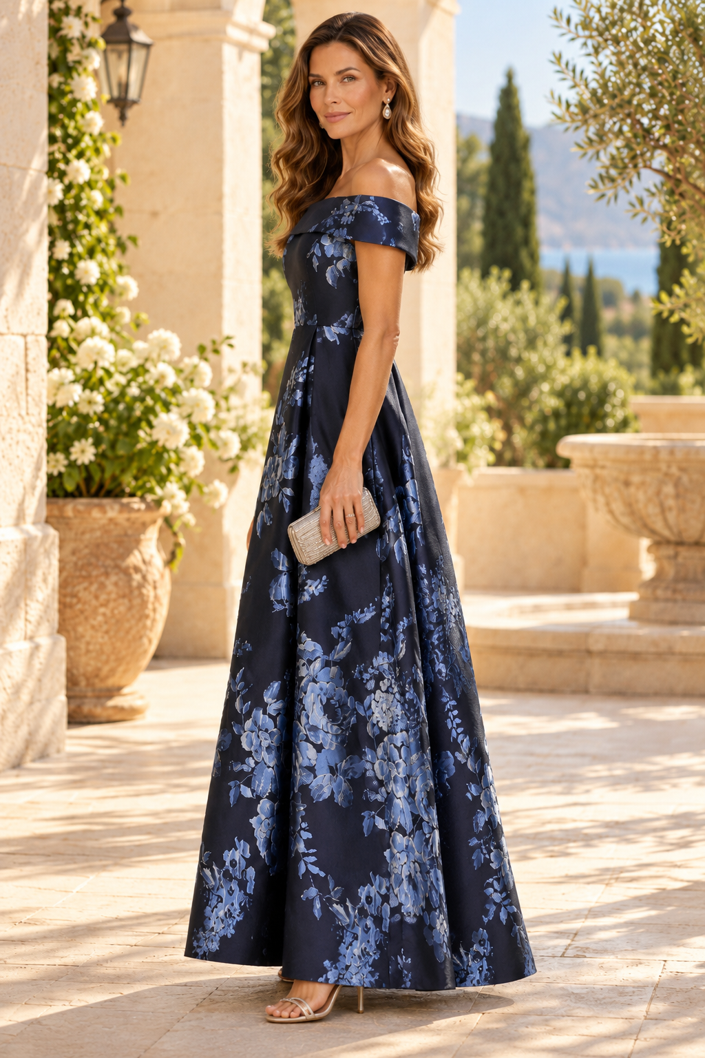 Off-the-Shoulder Floral Jacquard A-Line Gown