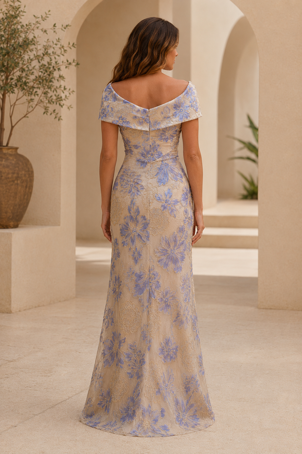 Vestido de noche largo con hombros descubiertos de encaje floral