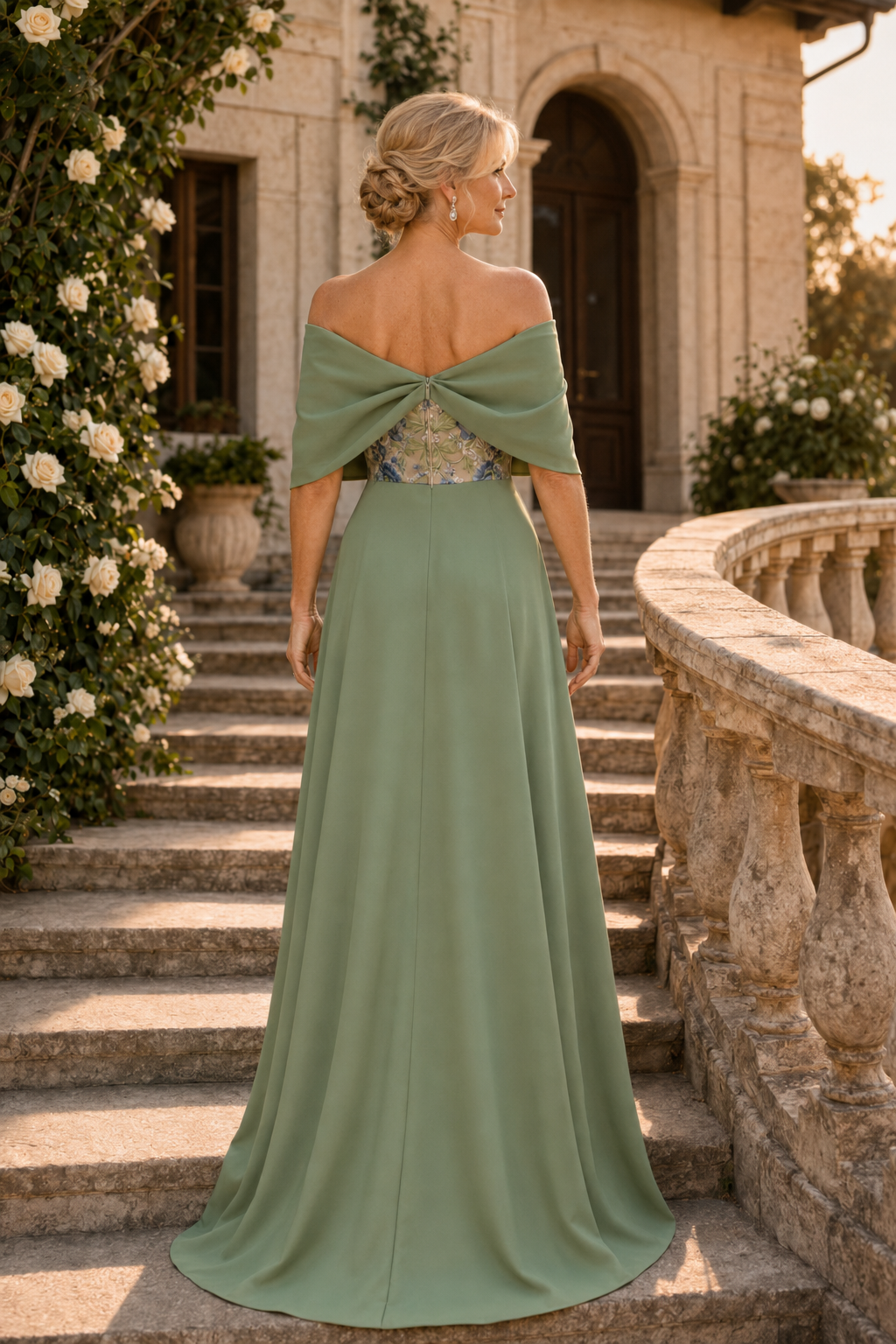 Traje de noche con columna floral y cuello de capa drapeado