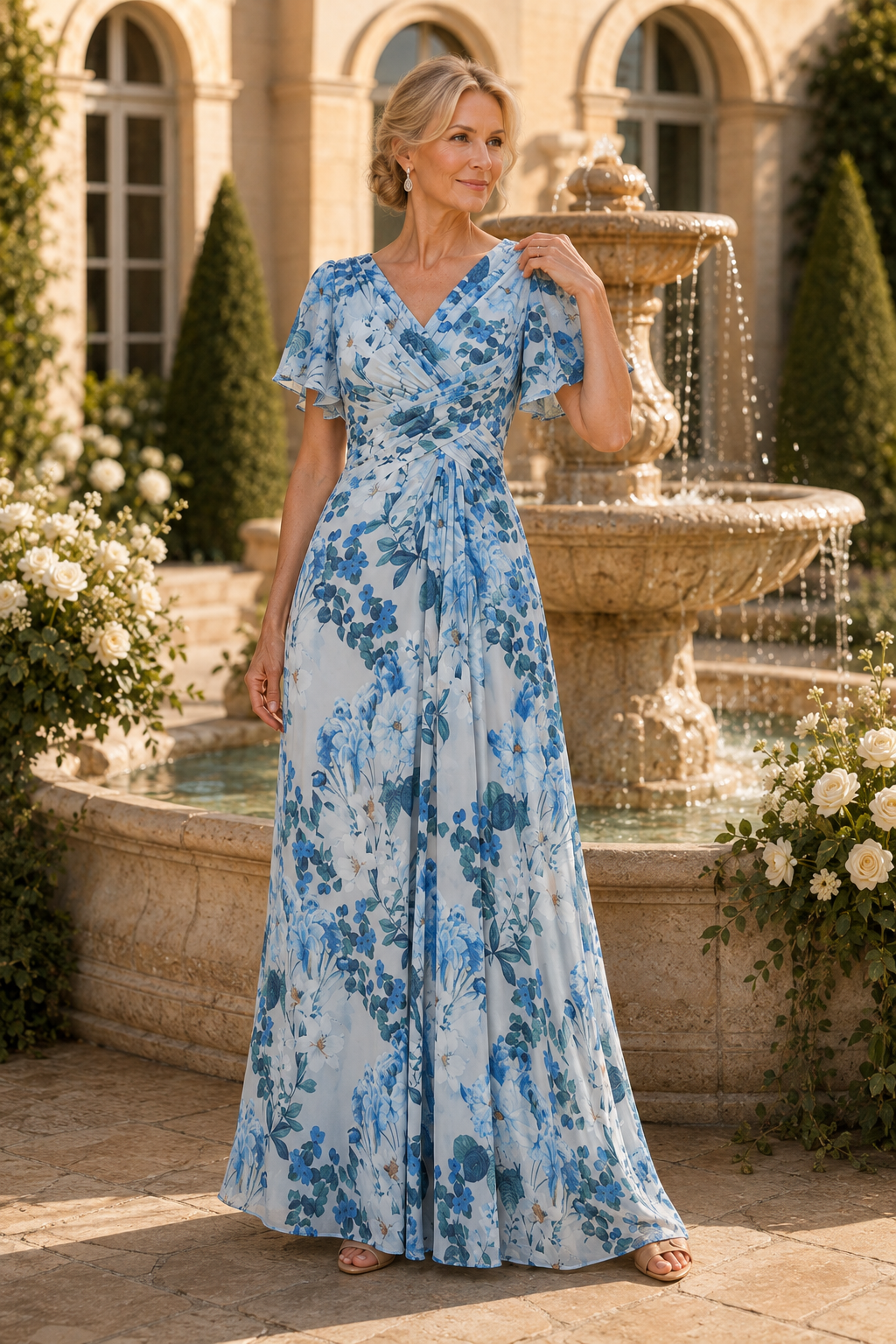 Vestido largo con estampado floral, cuerpo fruncido y mangas con volantes