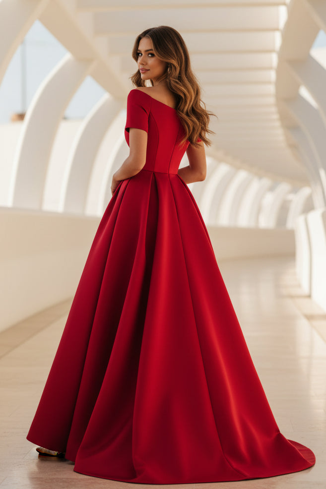Vestido de Noche en Línea A con Hombros Descubiertos y Flores 3D