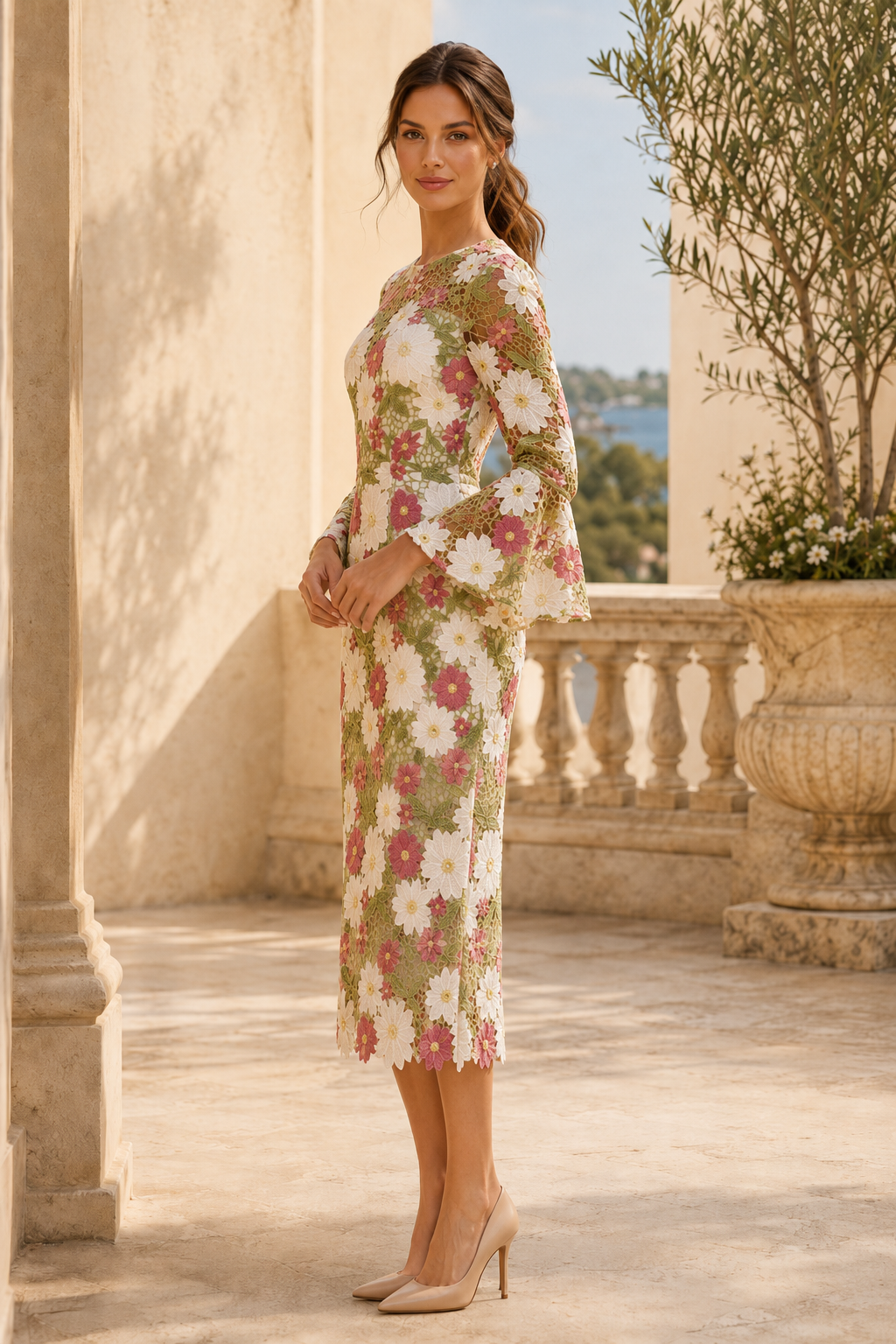 Vestido recto floral de encaje midi con mangas acampanadas