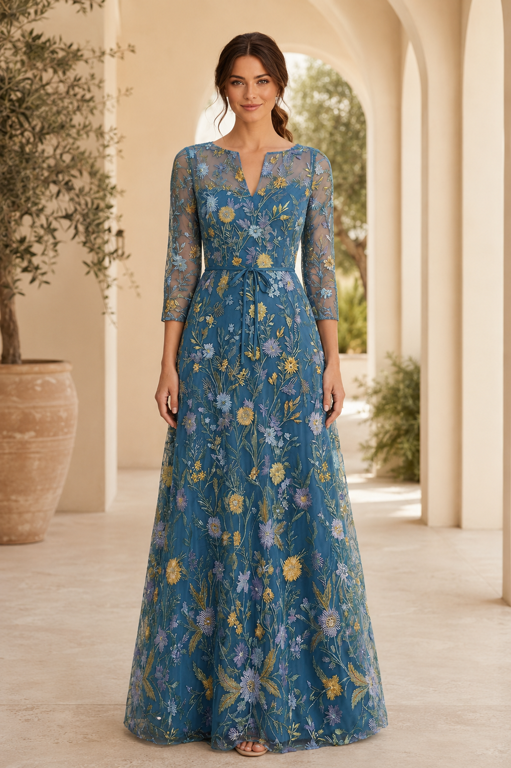 Vestido de Noche Acampanado con Mangas Ilusión y Bordados Florales