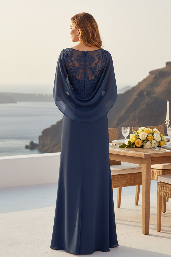 Vestido de noche de chifón con escote en V y capa drapeada