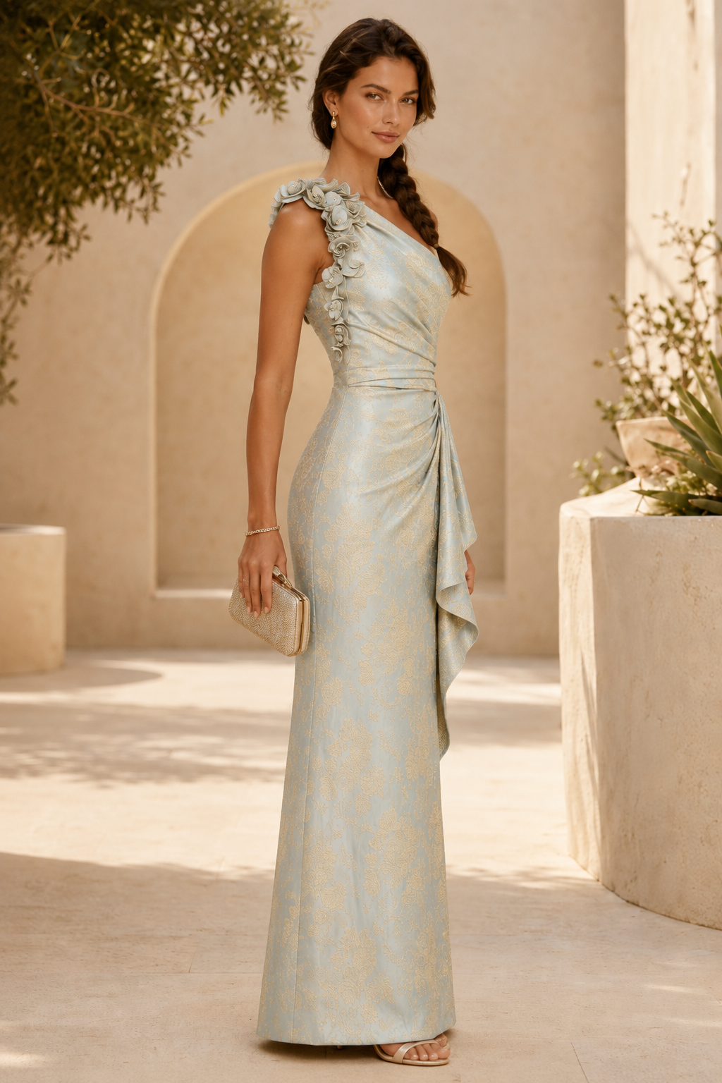 Vestido de noche jacquard floral de un hombro con flores 3D