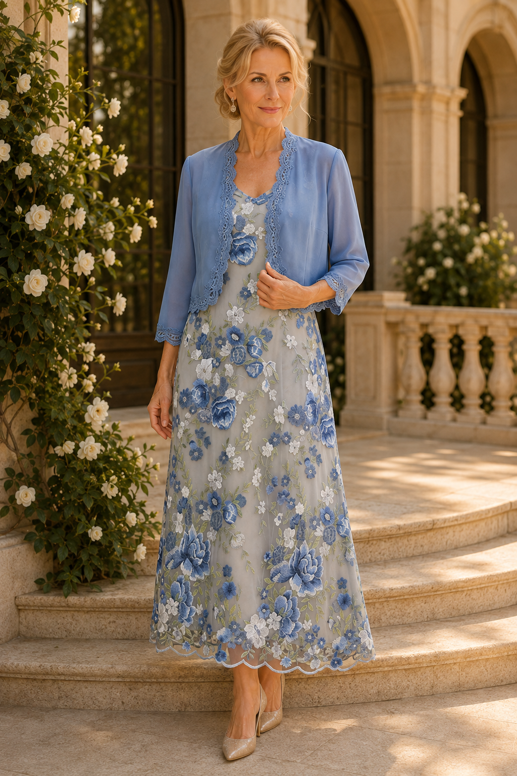 Vestido hasta la rodilla con bordados florales y torera