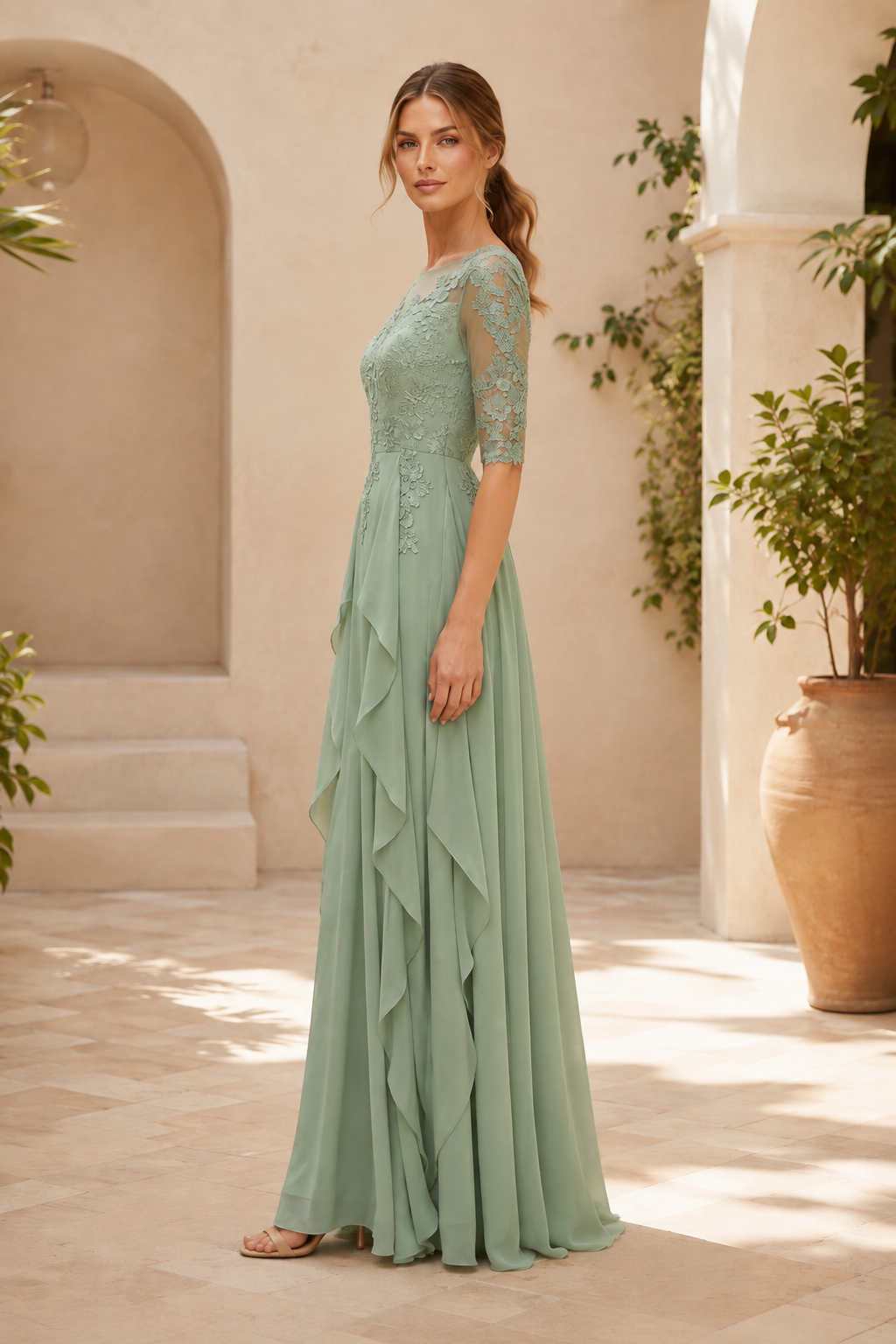 Vestido de gala con corpiño ilusión de encaje bordado y volantes escalonados