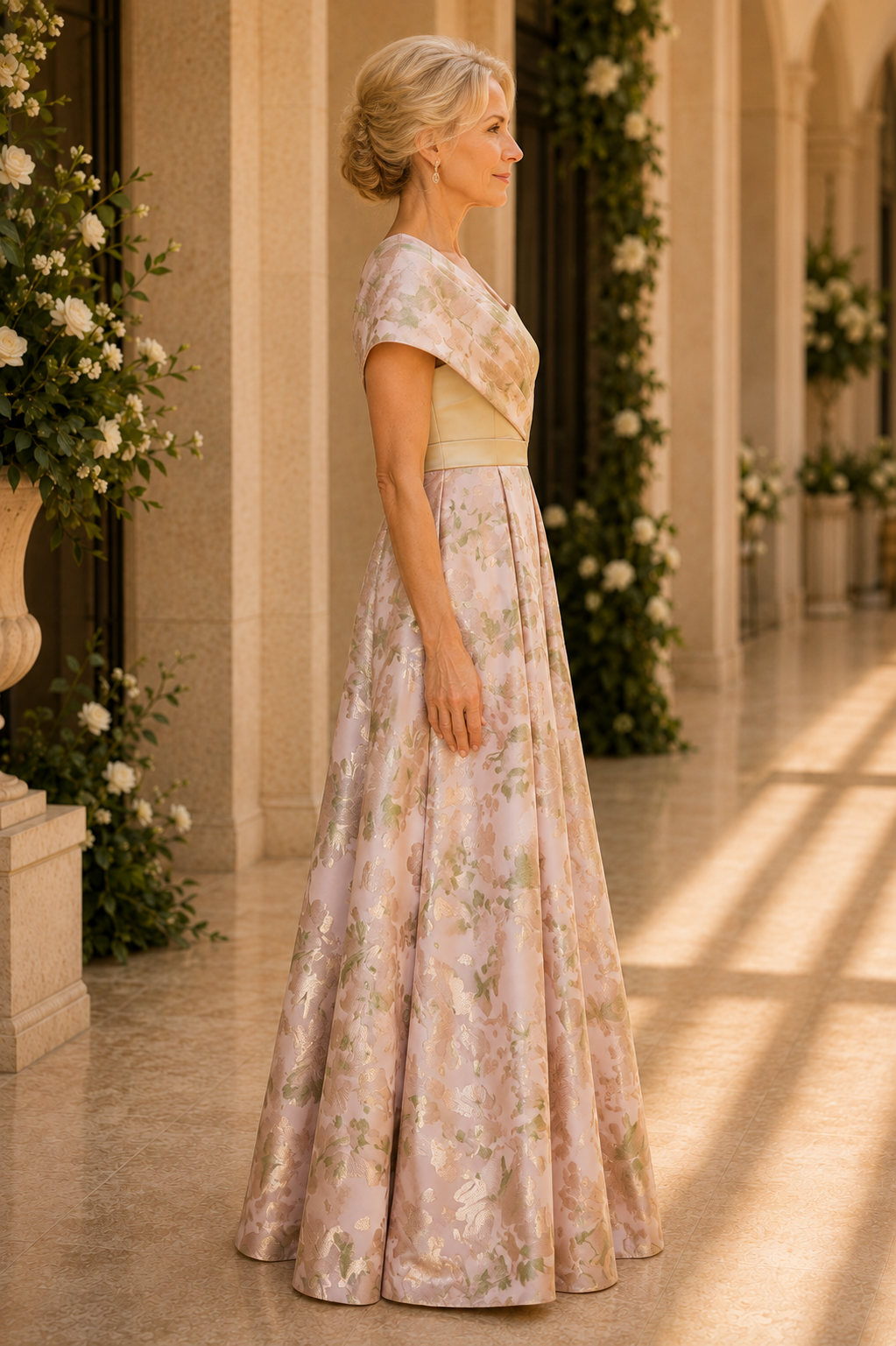 Vestido de jacquard floral corte A con escote drapeado