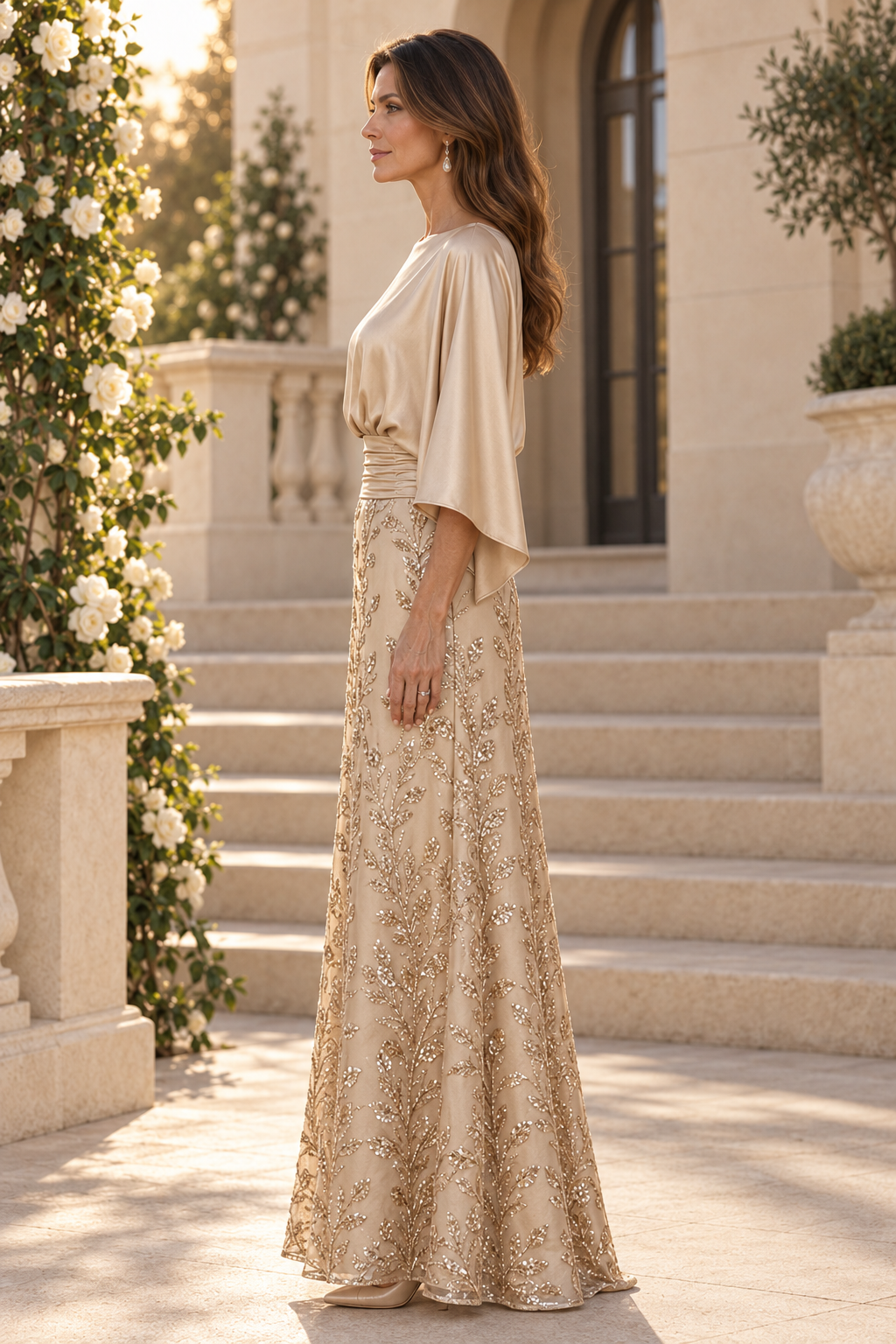Vestido de raso con cuerpo tipo capelina y falda de lentejuelas