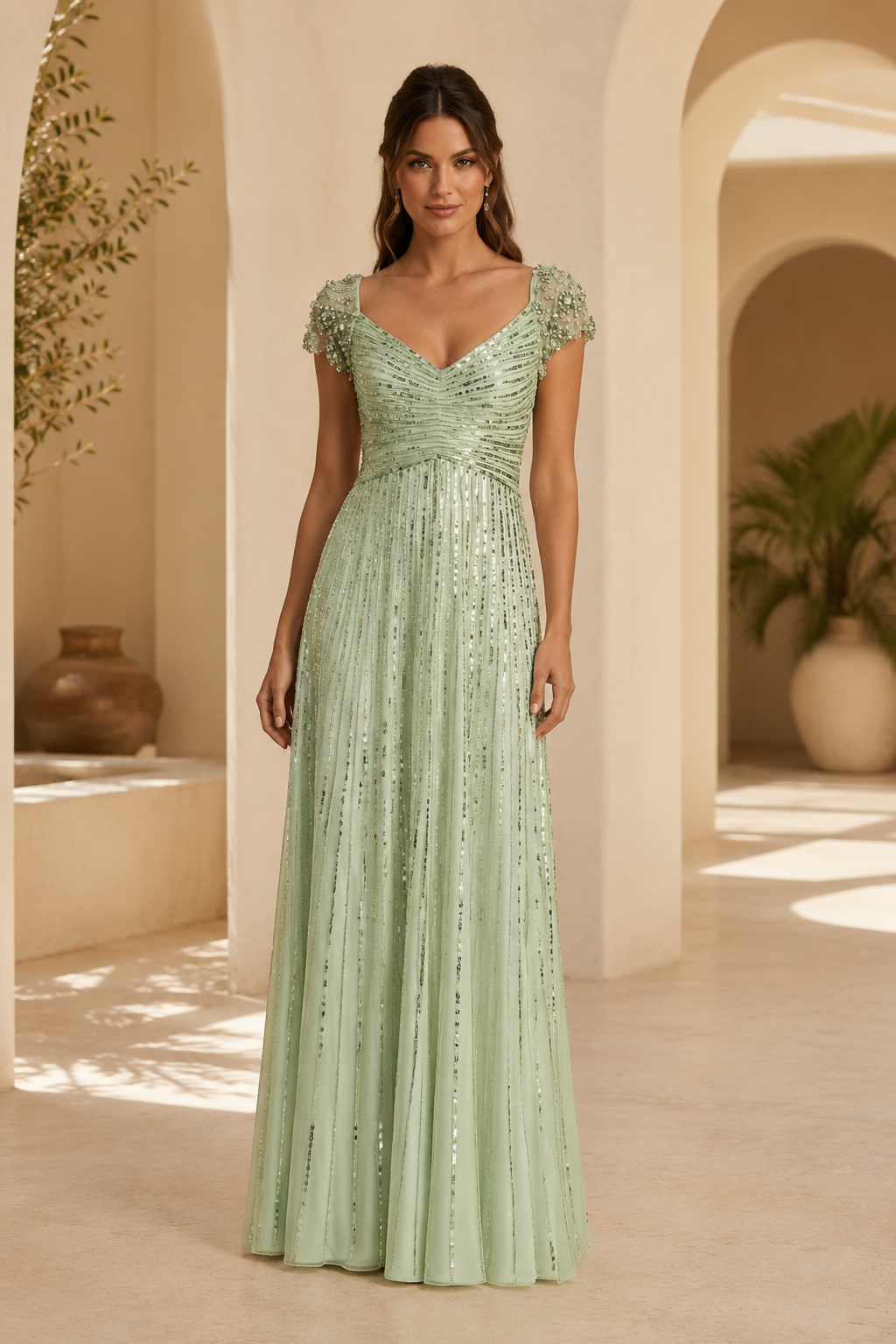 Vestido de noche acampanado de lentejuelas con mangas casquillo de cuentas