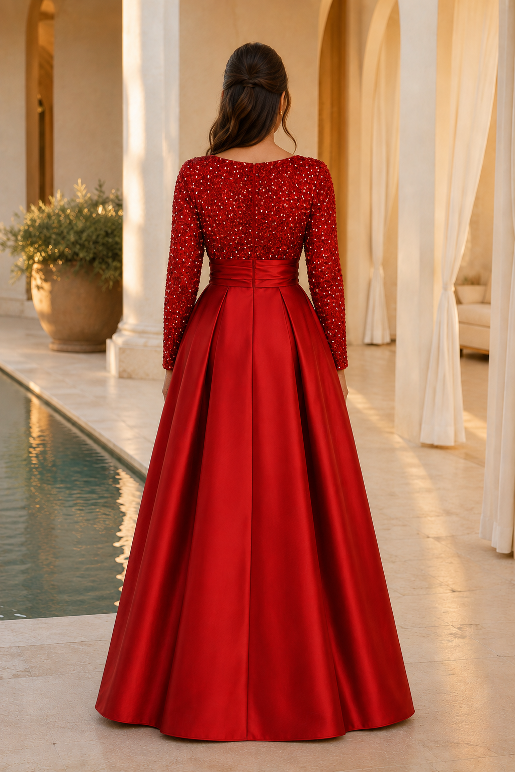 Vestido de gala de satén plisado de manga larga con cuentas