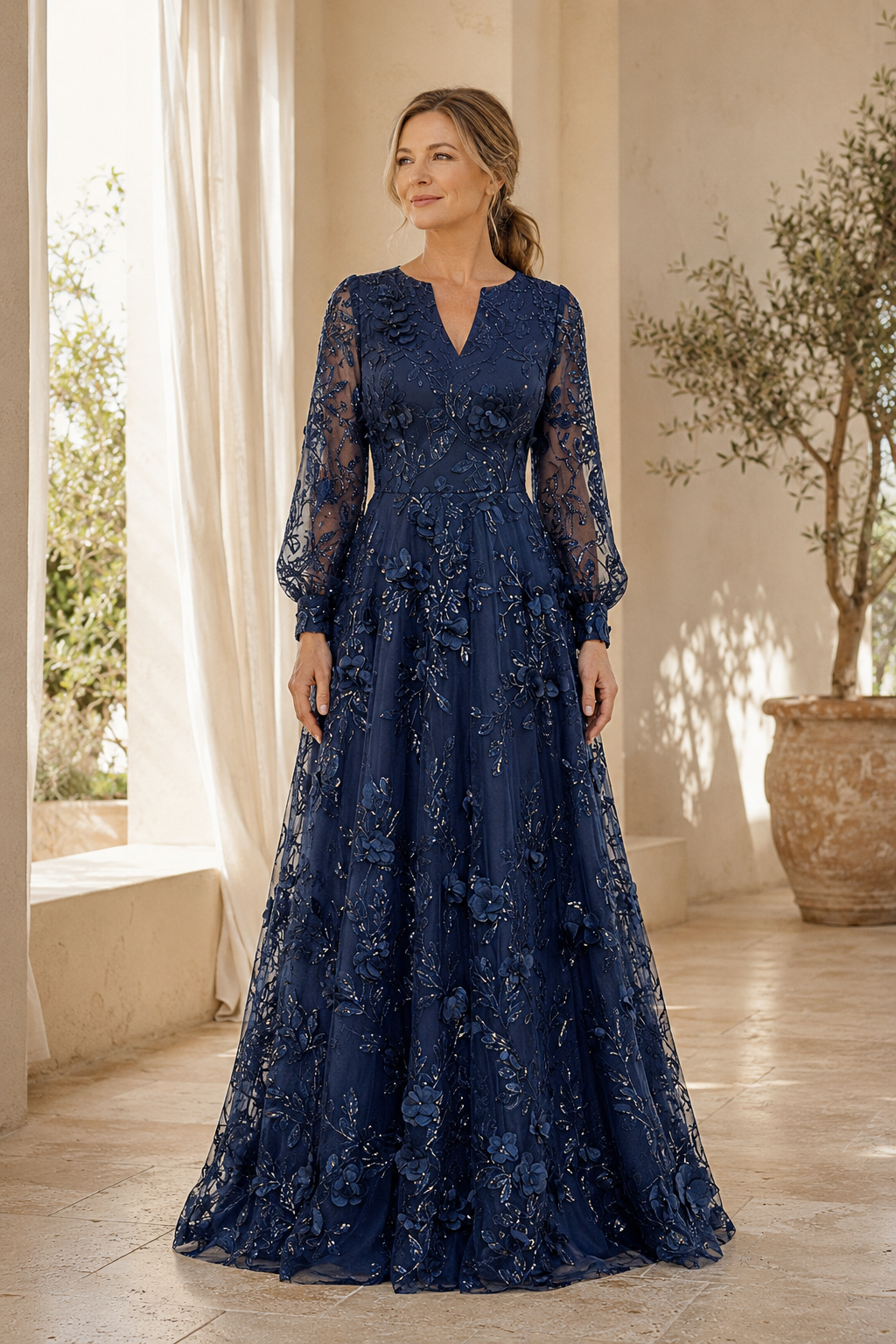 Vestido Largo de Novia Corte A de Encaje de Manga Larga con Aplicaciones Florales 3D