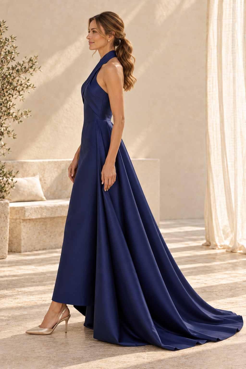 Halter Cross Neck Gown with Overskirt Train