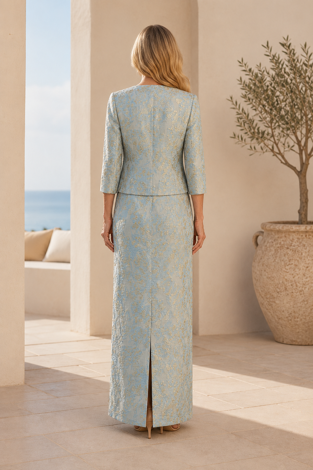Conjunto de dos piezas de vestido tubo jacquard y chaqueta