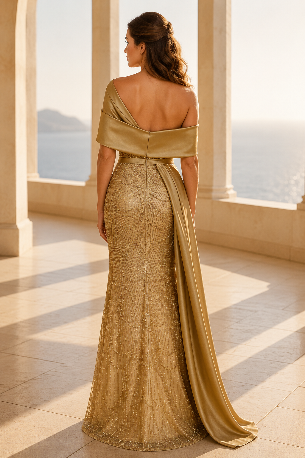 Vestido de sirena con hombros descubiertos, patrón de lentejuelas y drapeado de satén