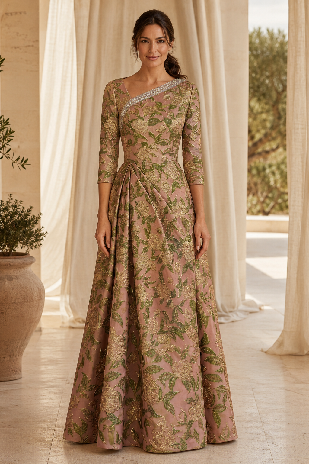 Vestido largo de jacquard floral con escote asimétrico y abalorios