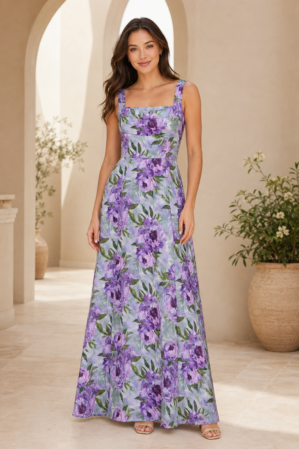 Vestido largo de corte A con estampado floral y escote cuadrado