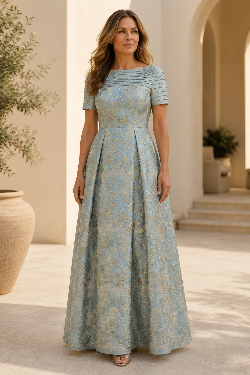 Vestido de Noche Acampanado de Jacquard con Pliegues y Escote Barco