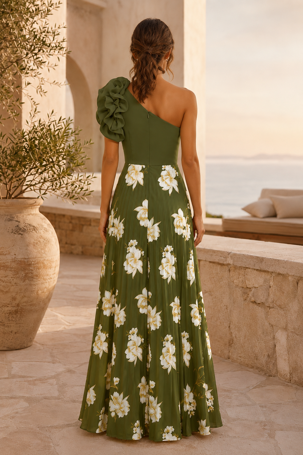 Vestido largo plisado con estampado floral, un hombro y volantes