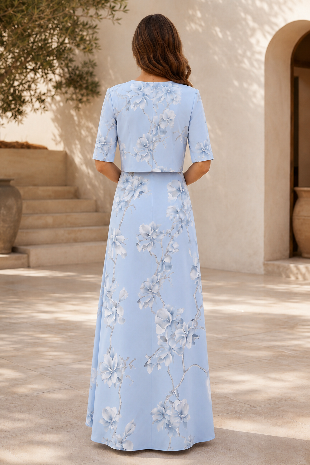 Conjunto de vestido acampanado floral y chaqueta a juego