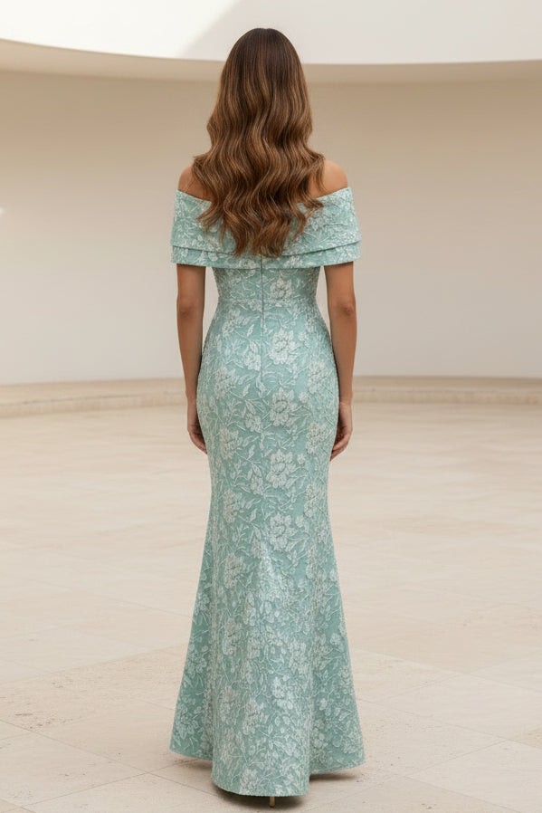 Vestido de sirena de jacquard floral con hombros descubiertos