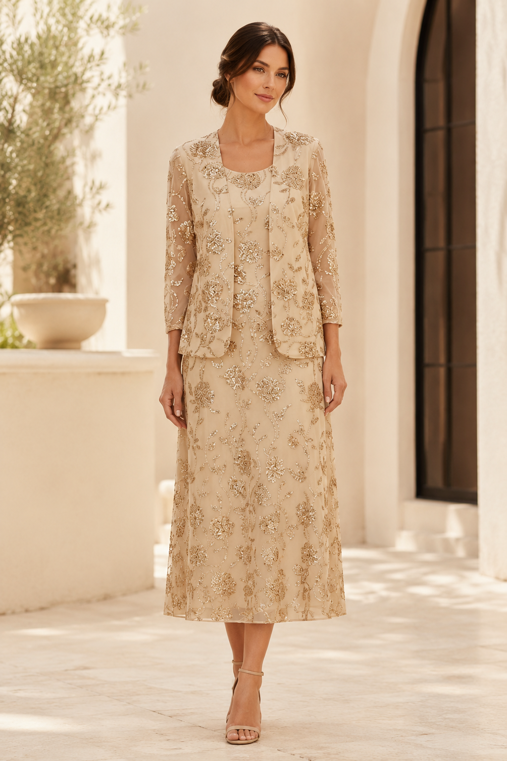 Vestido midi floral con lentejuelas y abalorios, con chaqueta