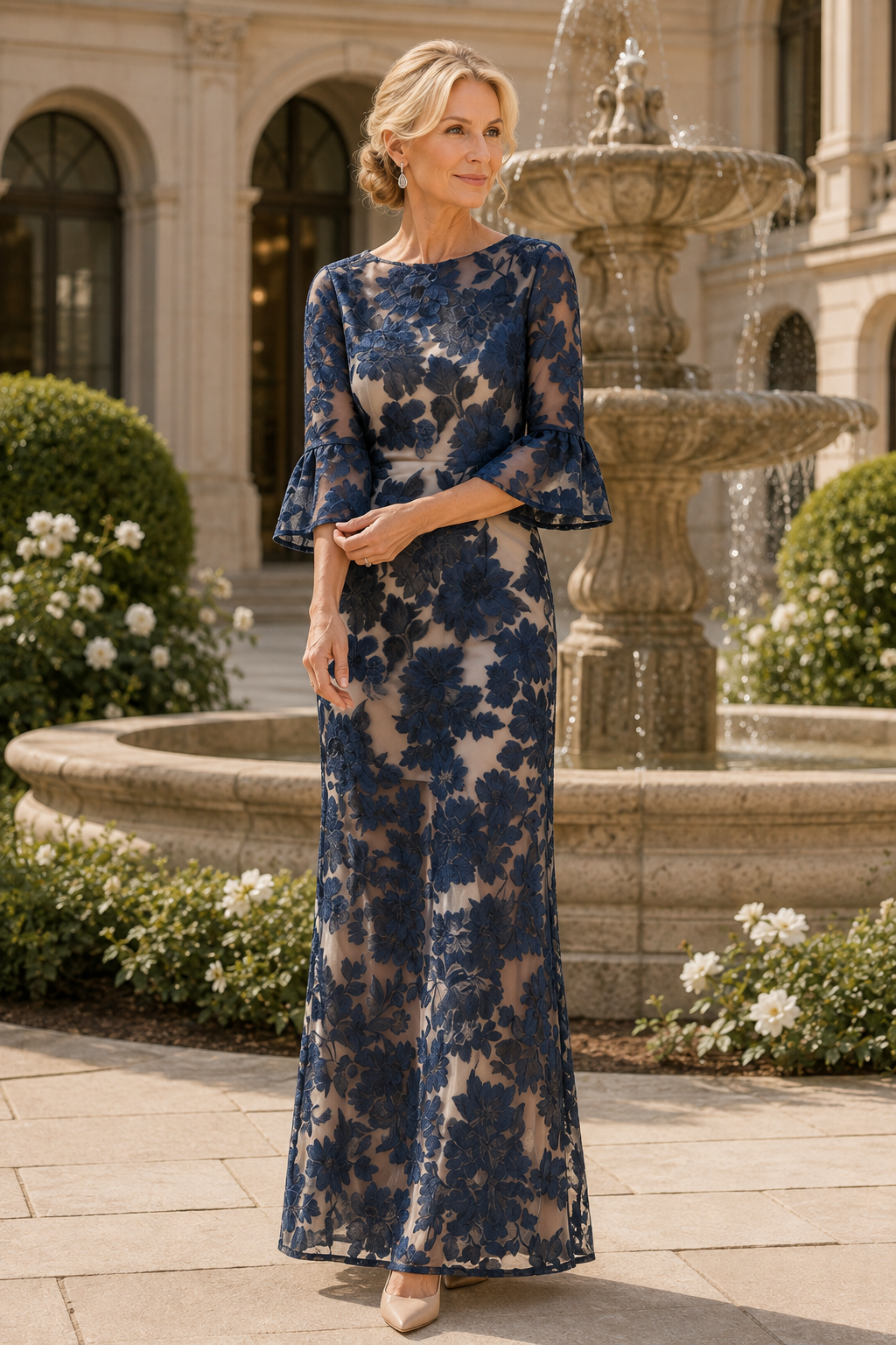 Vestido de noche largo hasta el suelo de encaje floral con mangas acampanadas