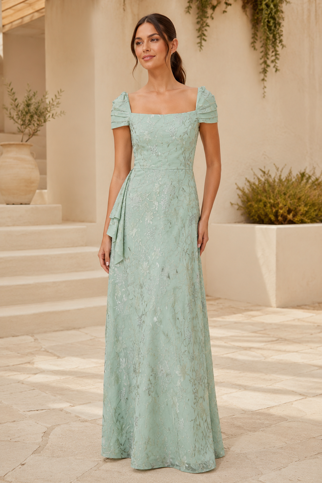 Vestido largo de jacquard floral con manga casquillo y drapeado lateral
