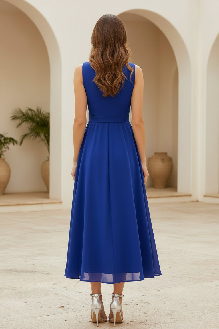 Vestido midi de chifón con escote en V fruncido y corte en A