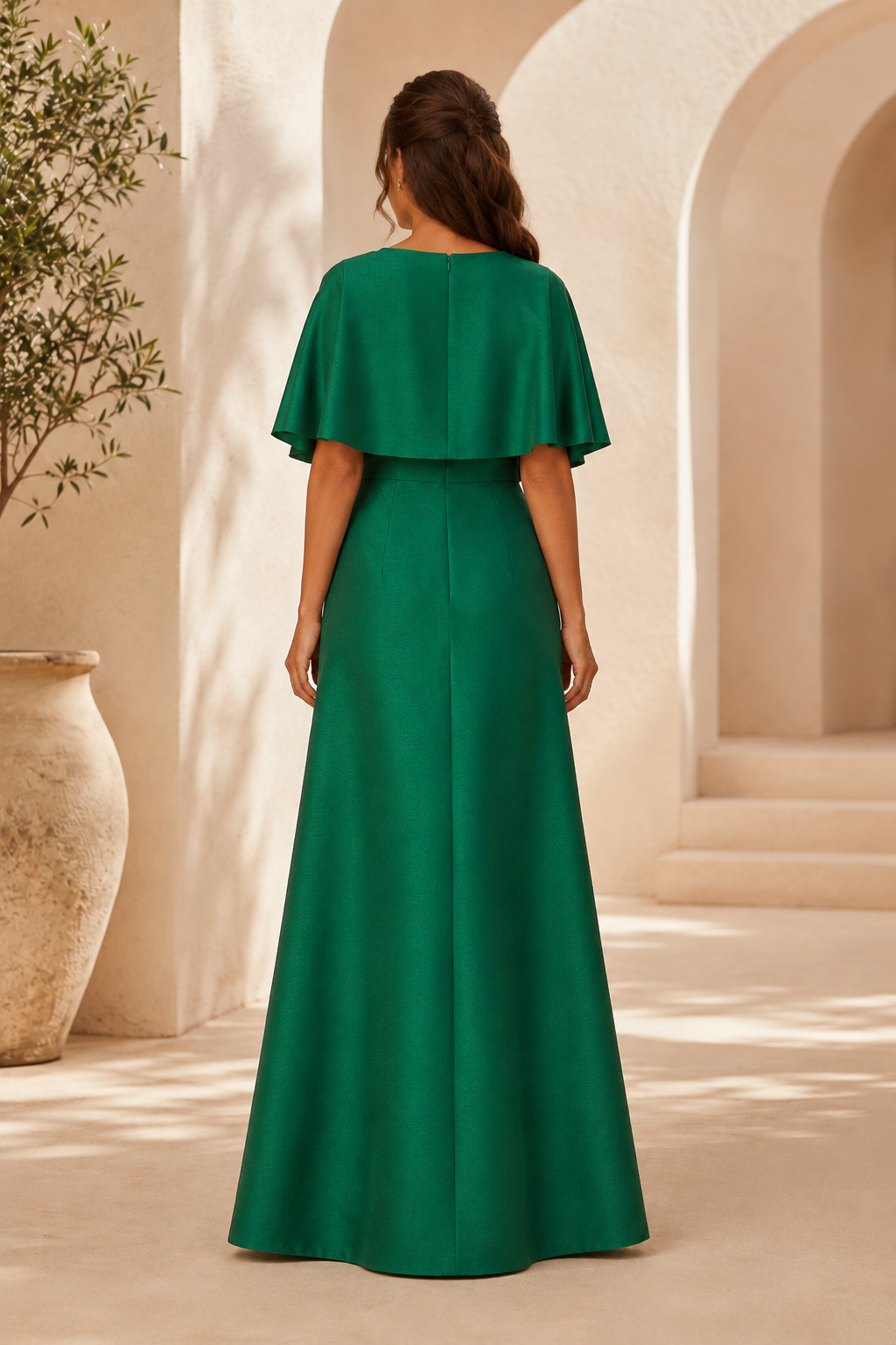 Vestido de Noche Acampanado con Mangas Tipo Capelina