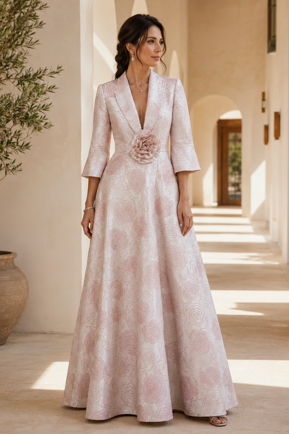 Vestido jacquard floral corte A con mangas campana 3/4