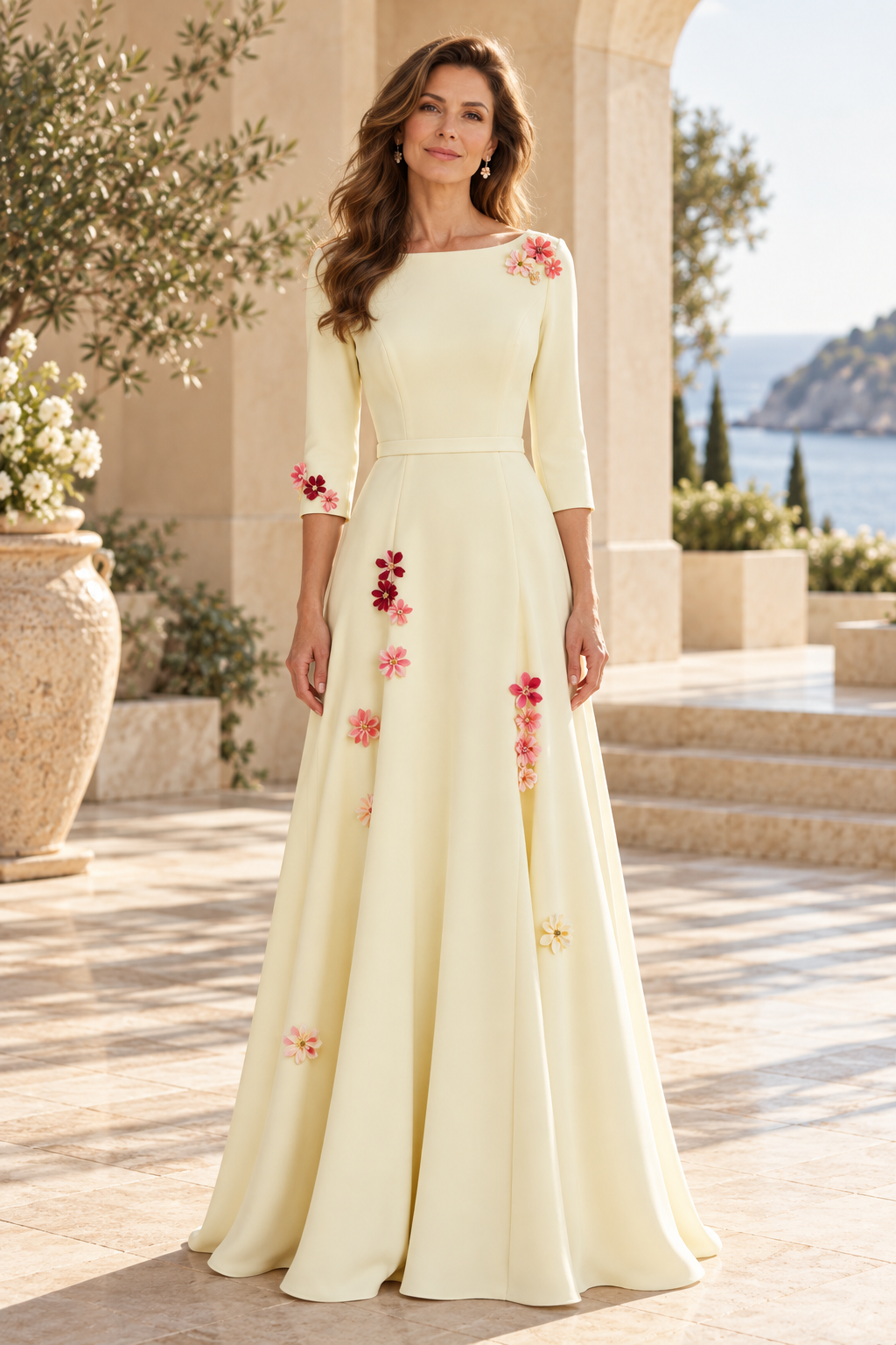 3D Floral Bateau Neck A-Line Gown