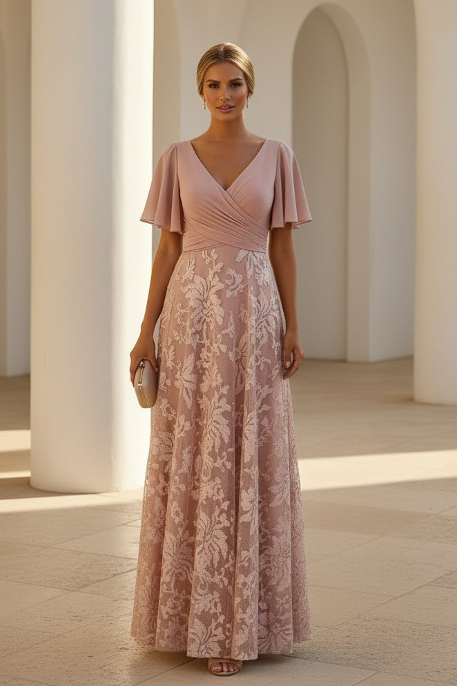 Vestido formal maxi de línea A con cuello en V de encaje y manga con volantes