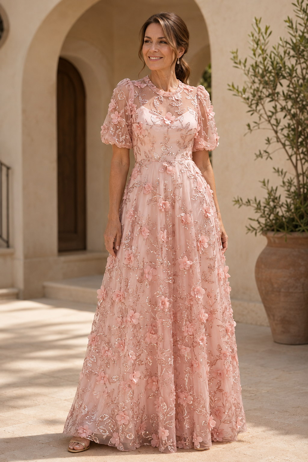 Vestido de Noche A-Line con Mangas Abullonadas y Aplicaciones Florales 3D