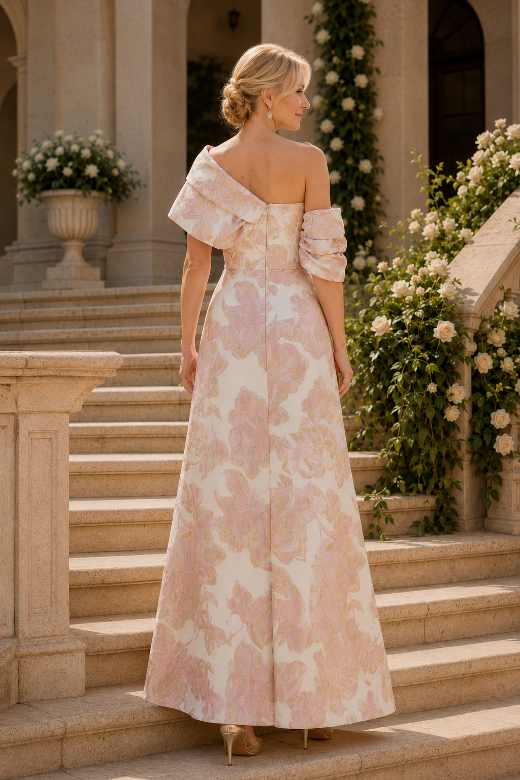 Vestido de noche plisado de jacquard con un solo hombro y corte en A