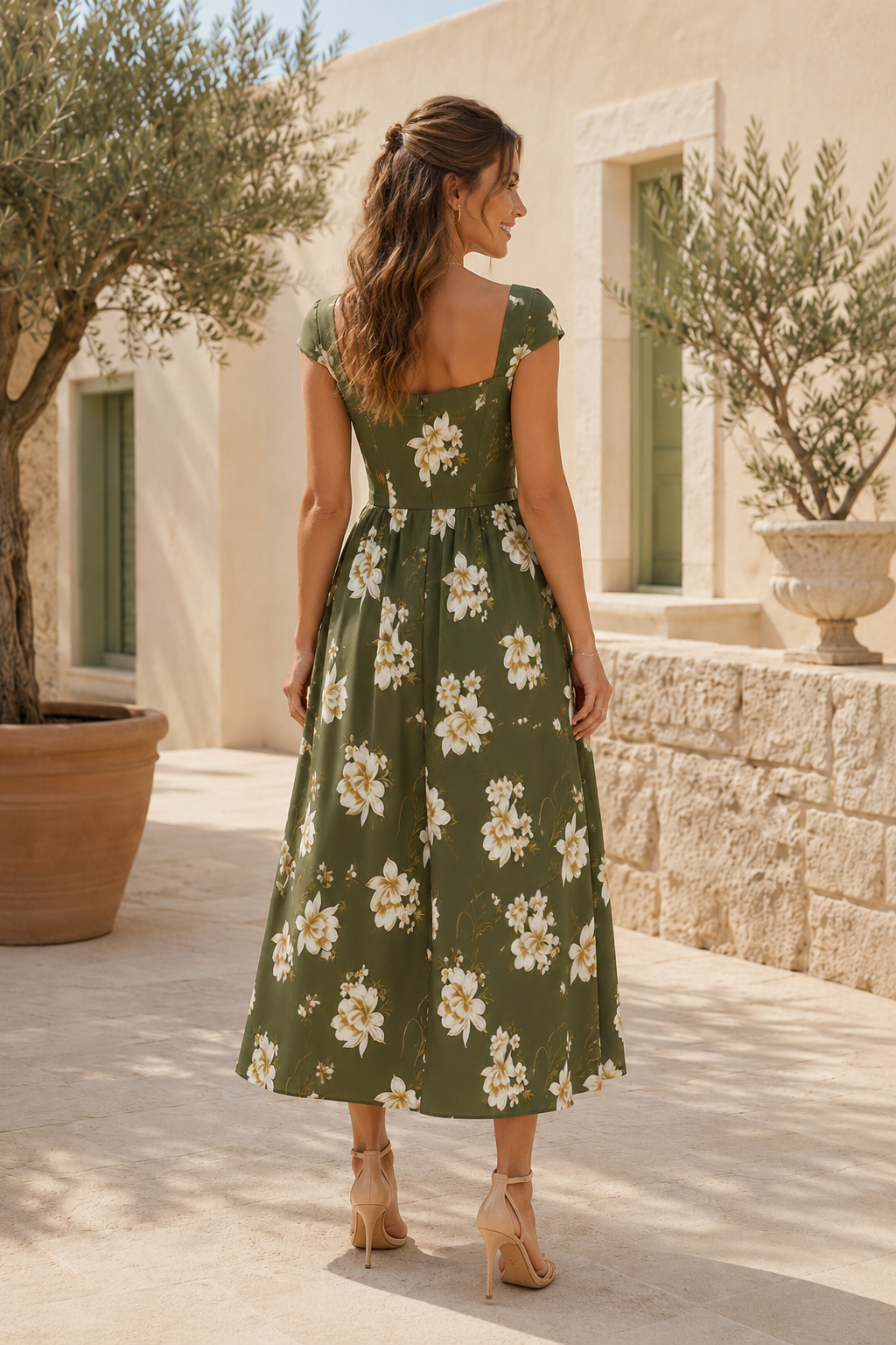Vestido midi floral con escote cuadrado y mangas cortas