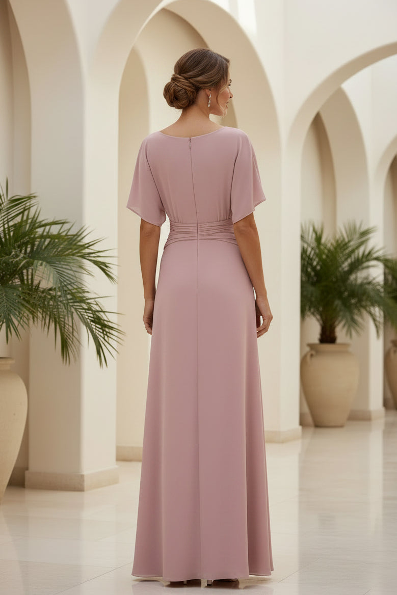 Vestido de noche formal largo hasta el suelo con cuello barco y cintura fruncida