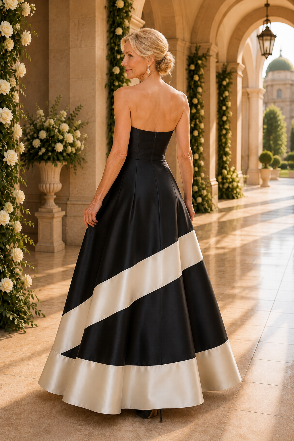 Vestido de novia sin tirantes con corte en A y banda diagonal de contraste