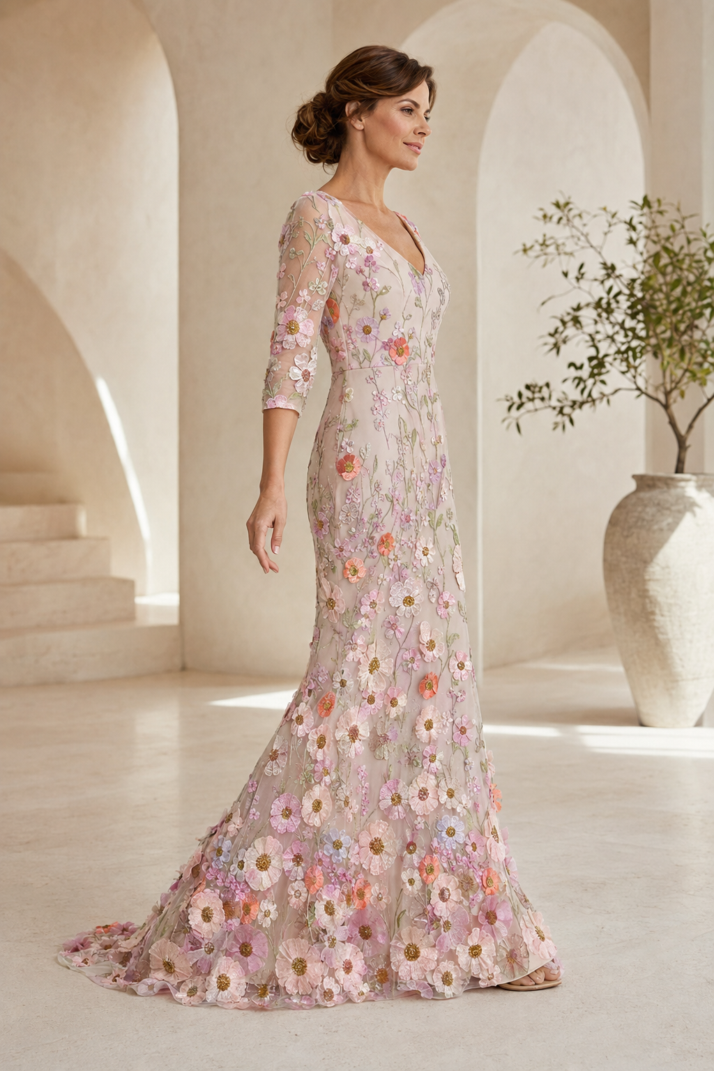 Vestido de noche con cuello en V bordado floral en 3D y mangas 3/4