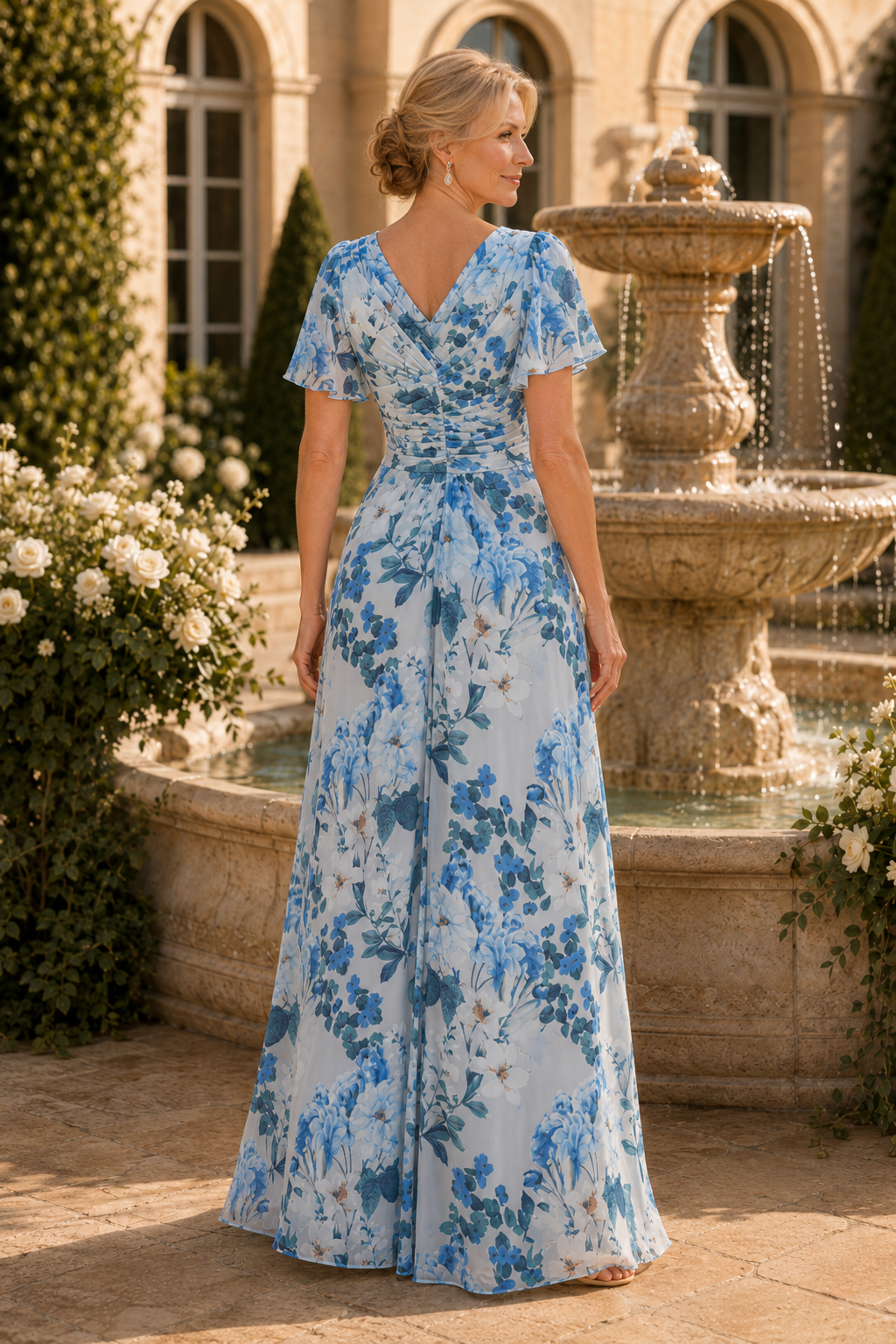 Vestido largo con estampado floral, cuerpo fruncido y mangas con volantes